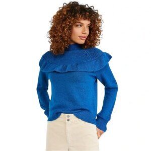 Ann Taylor Ruffle Yoke Mock Neck Pullover Sweater L Womens Cobalt Blue